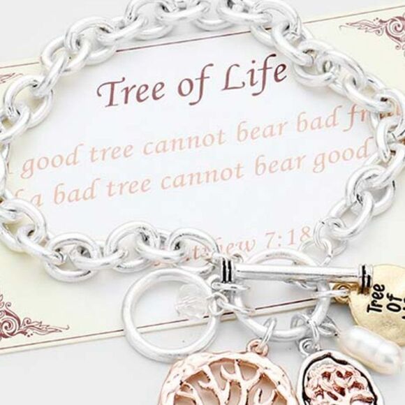 "Tree of Life" Pearl Charm Tri-Tone Toggle Link Bracelet - Picture 3 of 6